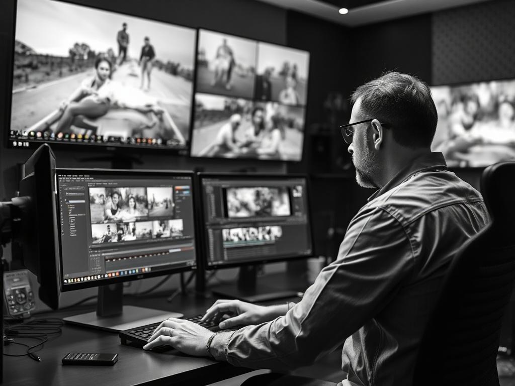 An editor working on a computer, focused on video editing