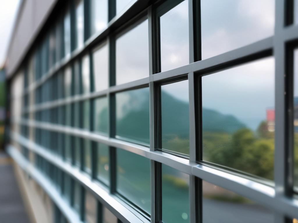 A high-resolution close-up shot of a beautifully installed aluminum window with clear glass, showcasing the sleek design and quality finish. The background should be a soft-focus of a modern office space, emphasizing the elegance and functionality of the window. The image should be captured with a 45mm f/1.2 lens to highlight the details and textures of the aluminum and glass.