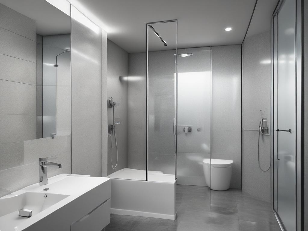 A close-up shot of a modern bathroom partition made of aluminum and glass, showcasing its sleek design and clear surfaces. The background should be a well-lit bathroom environment with neutral tones, emphasizing the elegance and functionality of the partition. The image should be shot with a 45mm f/1.2 lens to ensure a hyper-realistic detail.