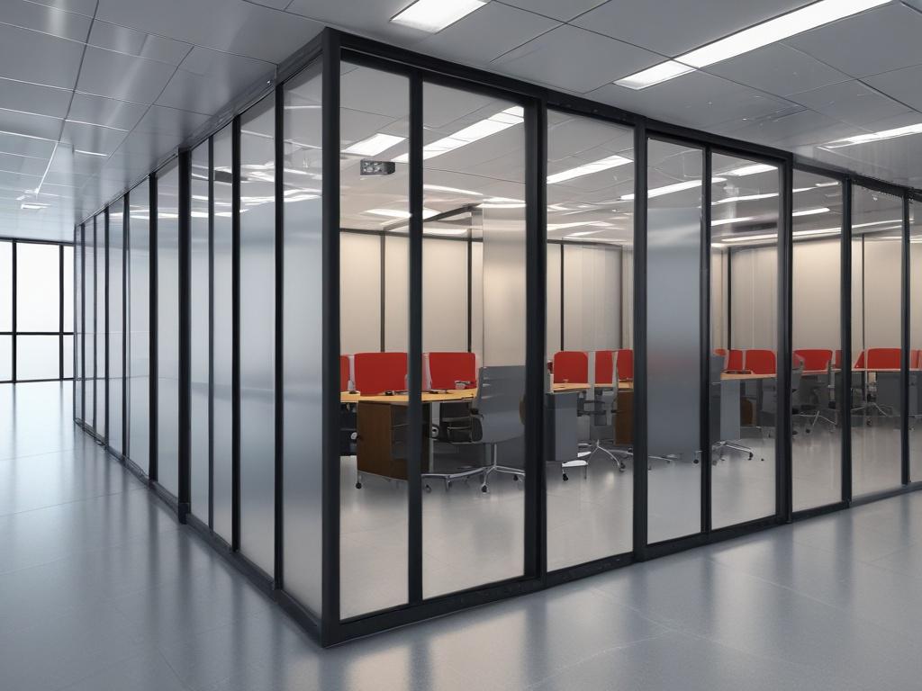 realistic close-up of an aluminum office partition installation, hyper-realistic, 45mm f/1.2 lens style, bright lighting, minimalistic background