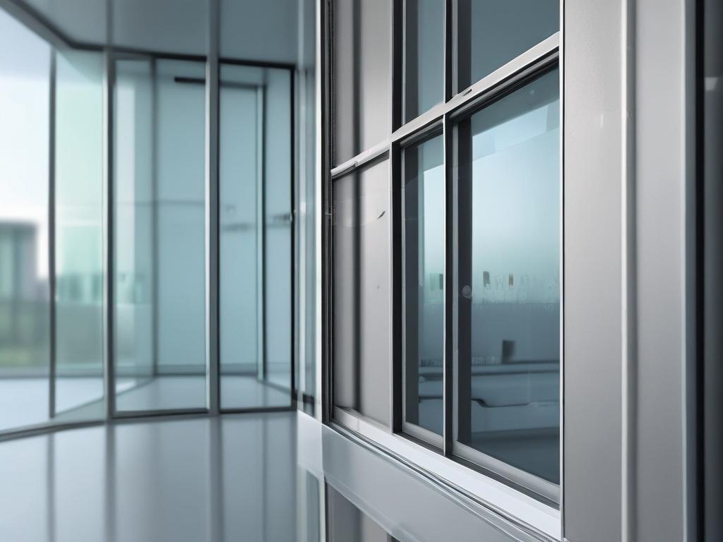 A close-up shot of a modern aluminium window frame with clear glass, showcasing intricate details such as the texture of the aluminium and the clarity of the glass, set against a soft-focus background that complements the primary color rgb(50, 170, 39). The lighting should be bright and natural, emphasizing the sleek design and functionality of the window.