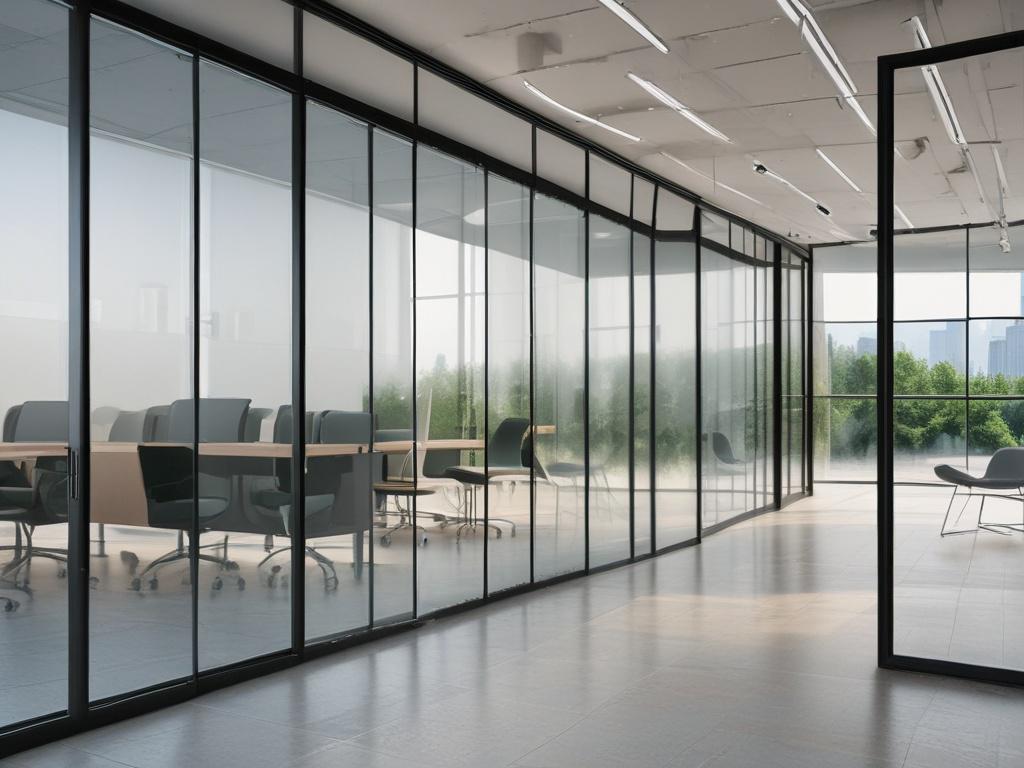 close up shot of glass partition installation, realistic high resolution,