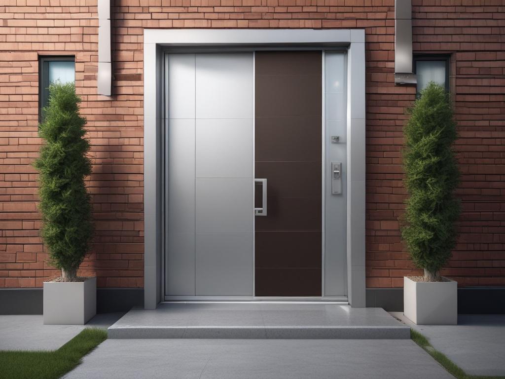A hyper-realistic close-up shot of a stylish aluminum door installed in an elegant entryway, featuring a smooth finish and modern design. The background should show a welcoming entrance with natural light highlighting the door's features. The color scheme should harmonize with the rgb(85, 141, 151) primary color.