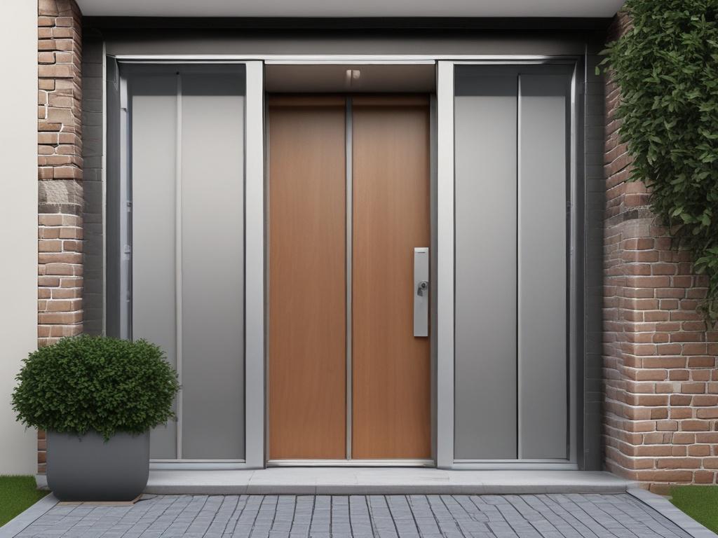 A hyper-realistic close-up shot of a stylish aluminium door installation, showcasing its elegant design and finish, captured with a 45mm f/1.2 lens. The background should be a soft focus of a well-decorated entrance, highlighting the door's features.