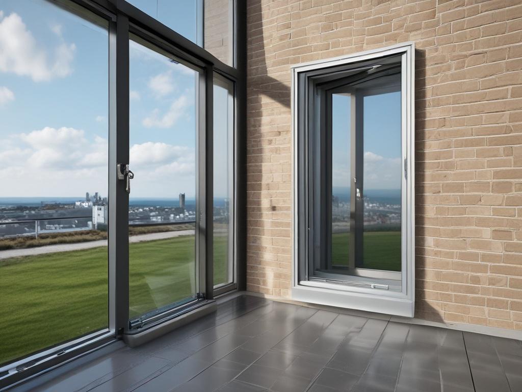 A hyper-realistic close-up shot of a modern aluminium window installation, featuring a sleek design with clear glass, captured with a 45mm f/1.2 lens. The background should be a blurred residential setting, emphasizing the window's details and quality.