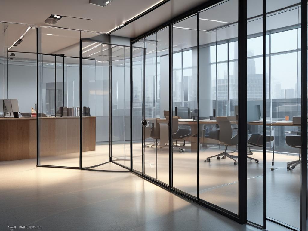 A hyper-realistic close-up shot of a glass partition installation in an office environment, showcasing its sleek design and transparency, captured with a 45mm f/1.2 lens. The background should depict a modern office setting with soft lighting.