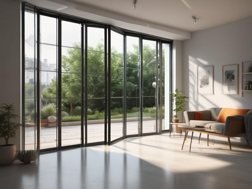 A close-up shot of a modern aluminum glass folding door, showcasing the sleek design and high-quality materials, with a soft-focus background of a well-lit interior space, captured with a 45mm f/1.2 lens.
