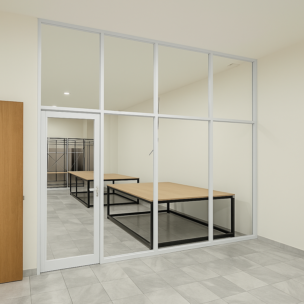 partisi kaca aluminium dan pintu swing warna putih untuk cafe.png