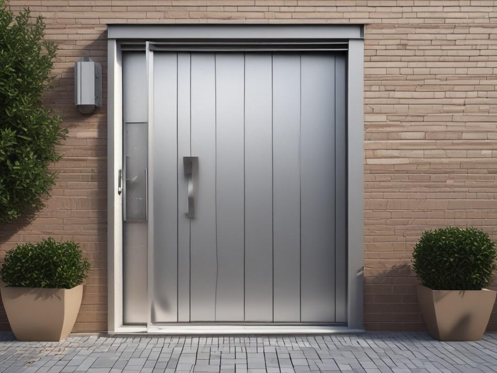 A hyper-realistic close-up shot of a stylish aluminium door installation. The door should feature a contemporary design, showcasing its sleek lines and sturdy build. The background should be softly blurred to focus on the door's details, with natural light illuminating its surface and creating reflections. The image should convey a sense of modern elegance and security, highlighting the quality of the aluminium material.