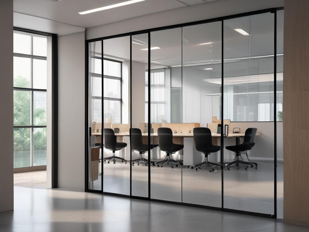 A hyper-realistic close-up shot of a glass partition installation in an office. The partition should be sleek and transparent, emphasizing the open layout of the workspace. The background should show a modern office environment with soft lighting, highlighting the clarity of the glass. The image should capture the elegant design of the partition, creating an inviting and professional atmosphere.