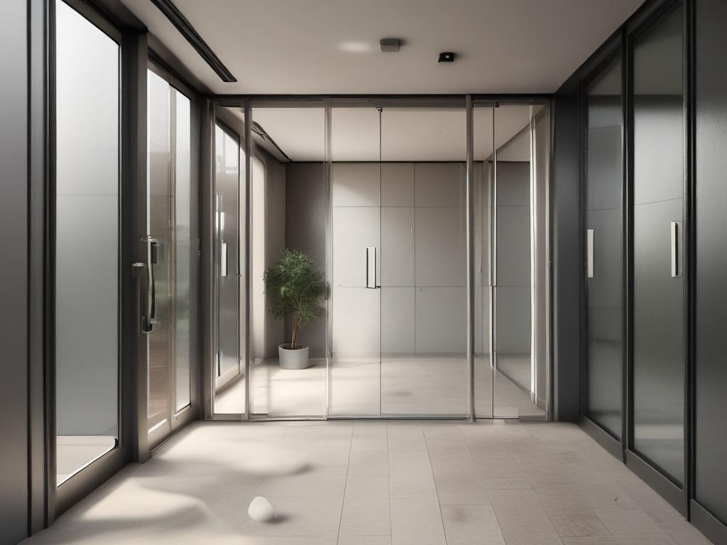 A detailed close-up view of a stylish aluminium door, featuring intricate design elements and a smooth finish. The door is slightly ajar, revealing a glimpse of a well-decorated interior. The focus is on the door's texture and color, with soft lighting enhancing its elegance. The background is a softly blurred interior space, creating a warm and inviting atmosphere. The image should capture the quality craftsmanship and modern appeal of the aluminium door in hyper-realistic detail.