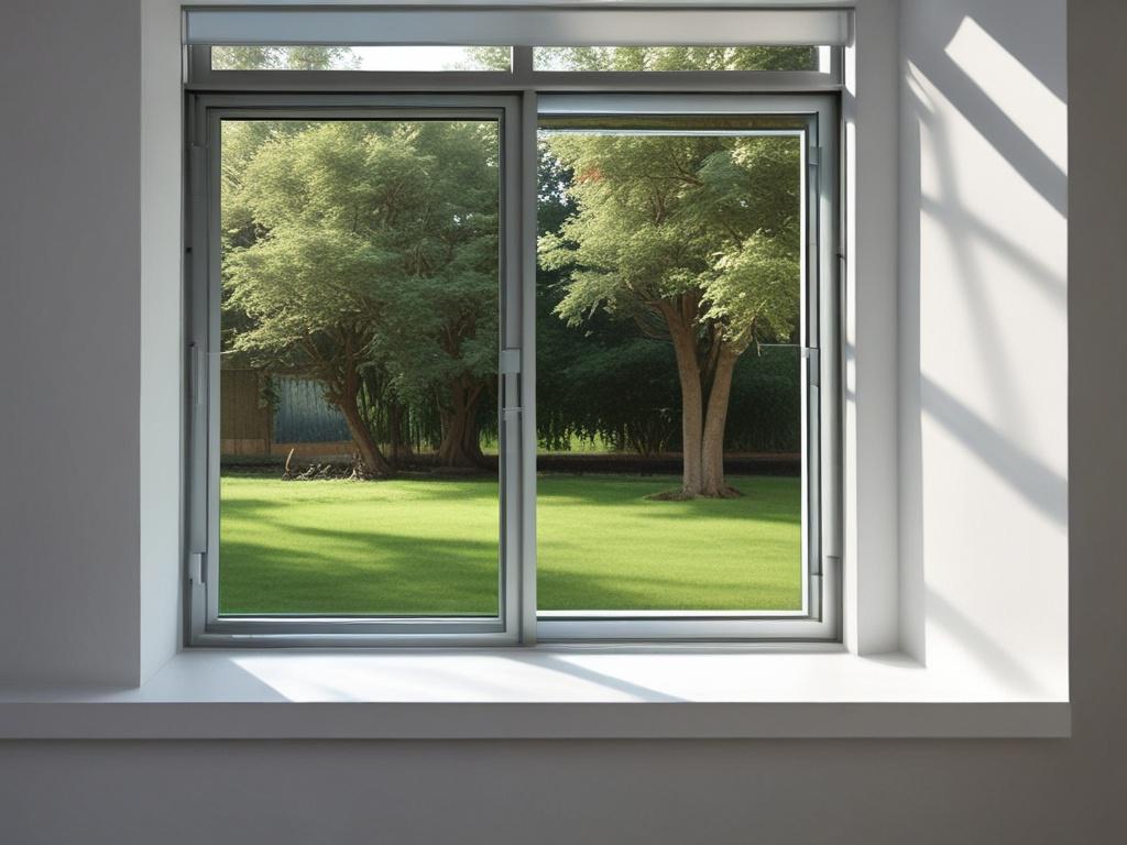 A close-up shot of a modern aluminium window installed in a contemporary home, showcasing sleek lines and a minimalist design. The window is framed with high-quality aluminium, with natural light streaming through the glass, casting soft shadows. The background features a blurred view of a lush garden, emphasizing the window's connection to nature. The image should have vibrant colors, focusing on the texture of the aluminium and the clarity of the glass, rendered in hyper-realistic detail.
