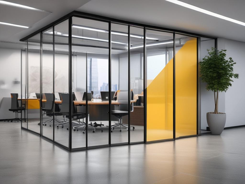 A modern glass partition installation in an office space. The partition is clear, allowing light to flow through, with a sleek frame that enhances the contemporary aesthetic. The background shows a well-organized office environment, highlighting the partition's elegance.