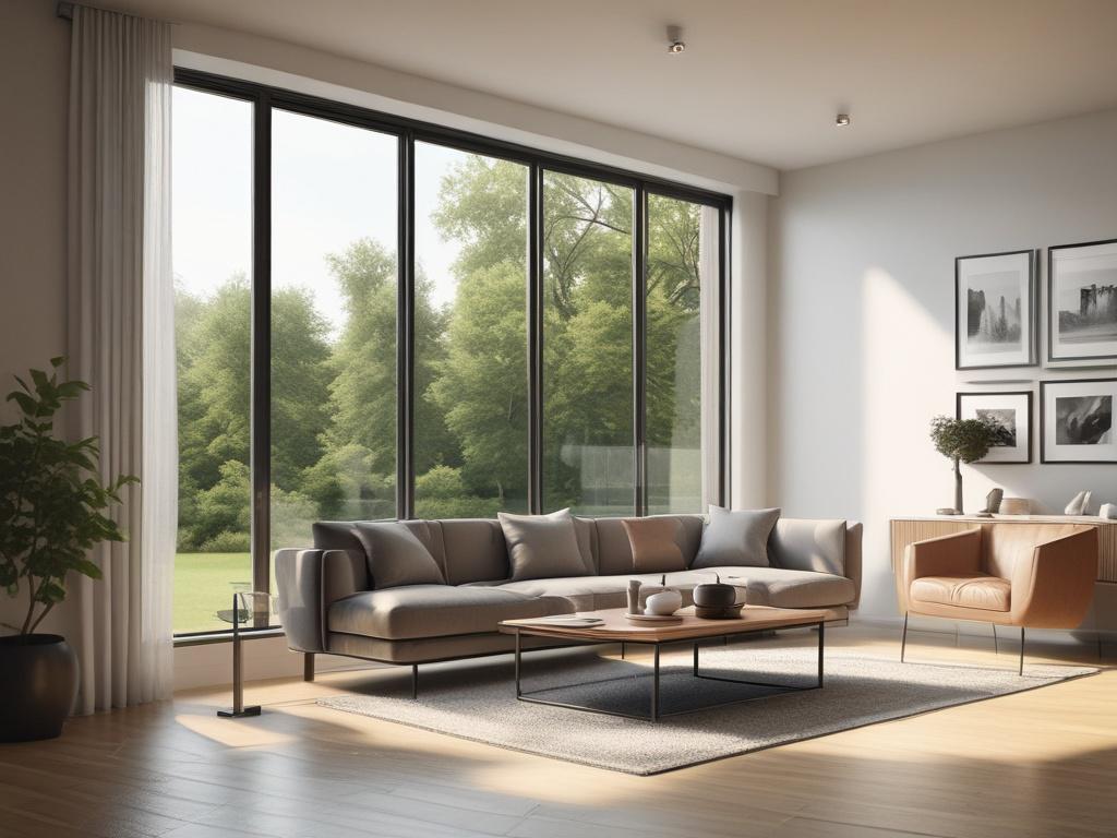 A sleek, modern aluminum window installation in a contemporary home setting. The window is open, showing a beautiful view outside, with sunlight streaming in. The background is minimalistic, focusing on the window's clean lines and finishes. The colors are natural and bright, with an emphasis on the aluminum frame's shine and texture.