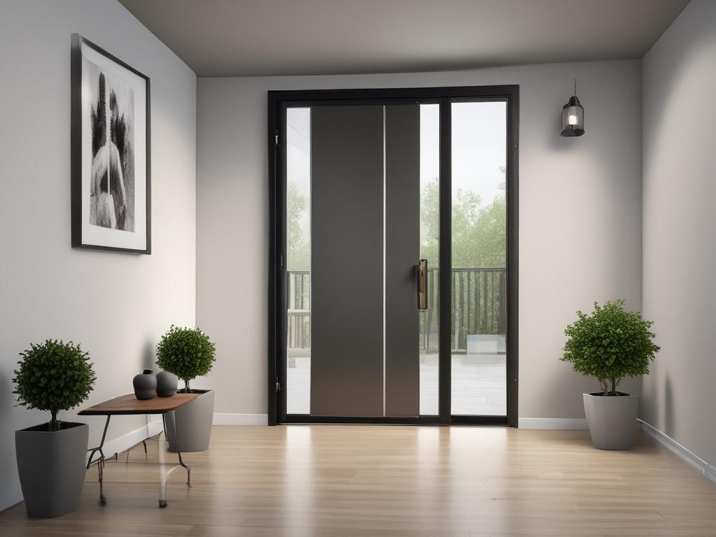 A stylish aluminum door installation in a modern entryway. The door is slightly ajar, inviting light into the space, showcasing the sleek design and finish. The background is a well-decorated entryway with neutral tones, emphasizing the door's texture and color.