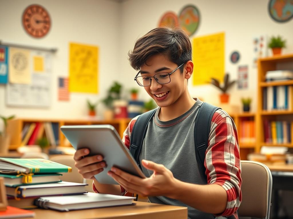 A vibrant learning space with a student using a tablet