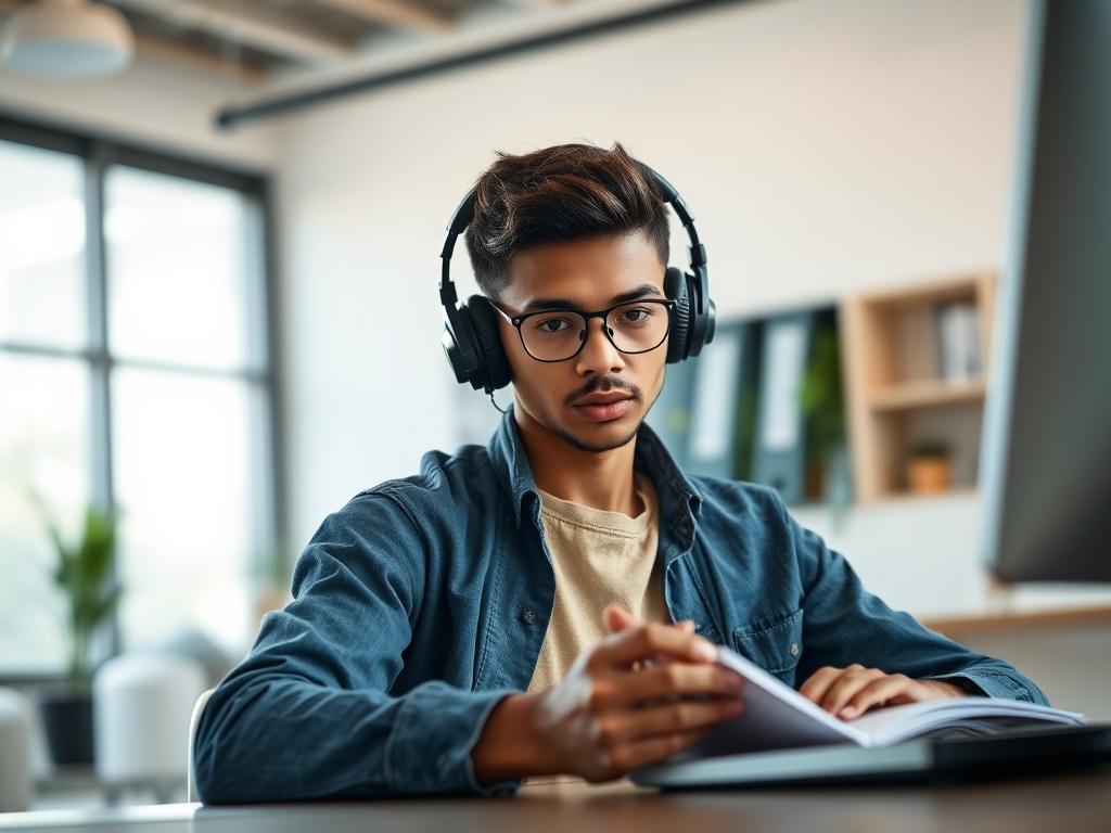 A focused student participating in an online masterclass, with a