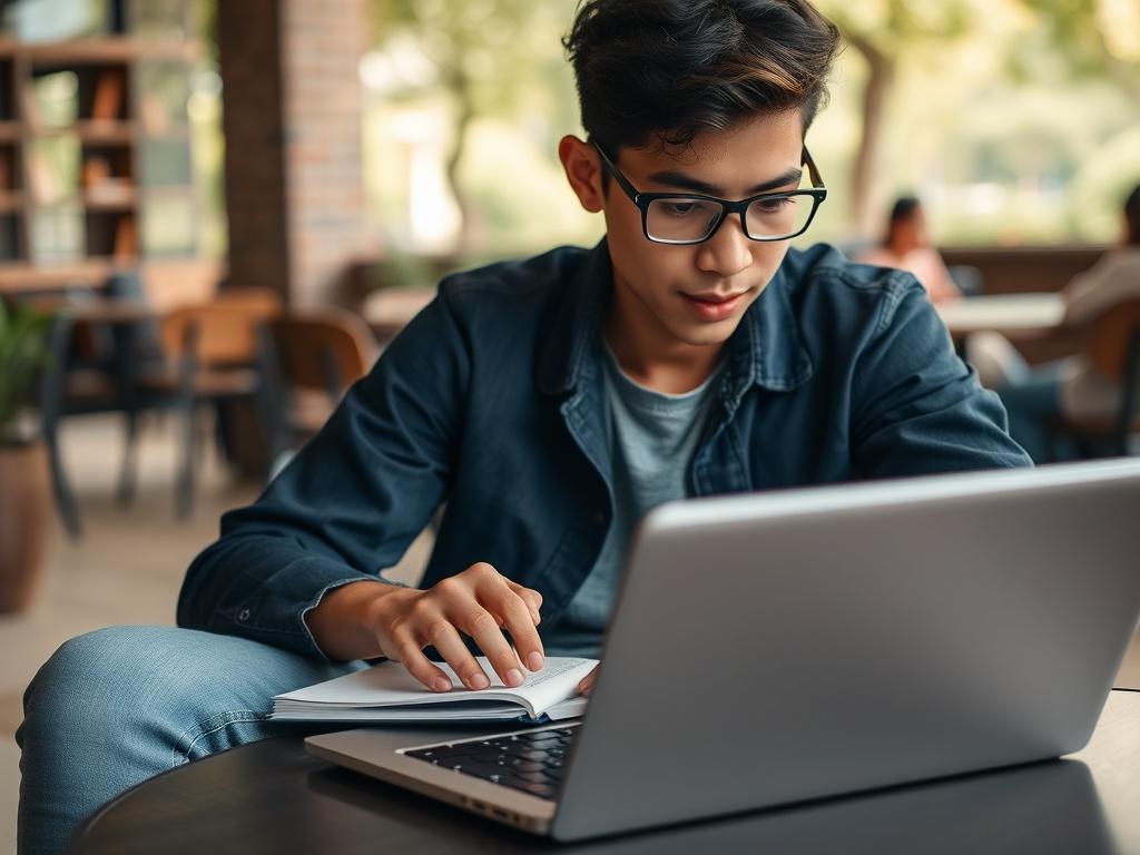 A close up of a student studying on a laptop