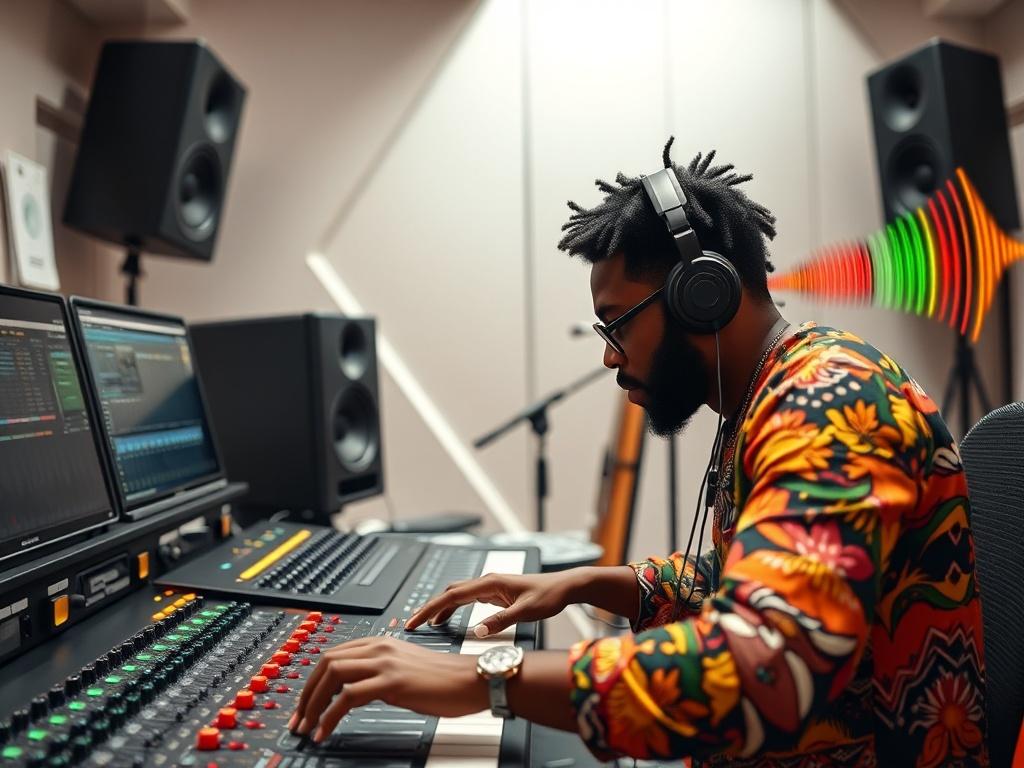 A close-up shot of a sound engineer in a vibrant music production studio, showcasing modern sound equipment and African musical instruments. The background features a sleek, minimalist design with a white and raven color motif, symbolizing clarity and depth. The engineer is passionately working on mixing tracks, with colorful sound waves visually represented around them, emphasizing the rich, rhythmic textures of Afrobeat and R&B.