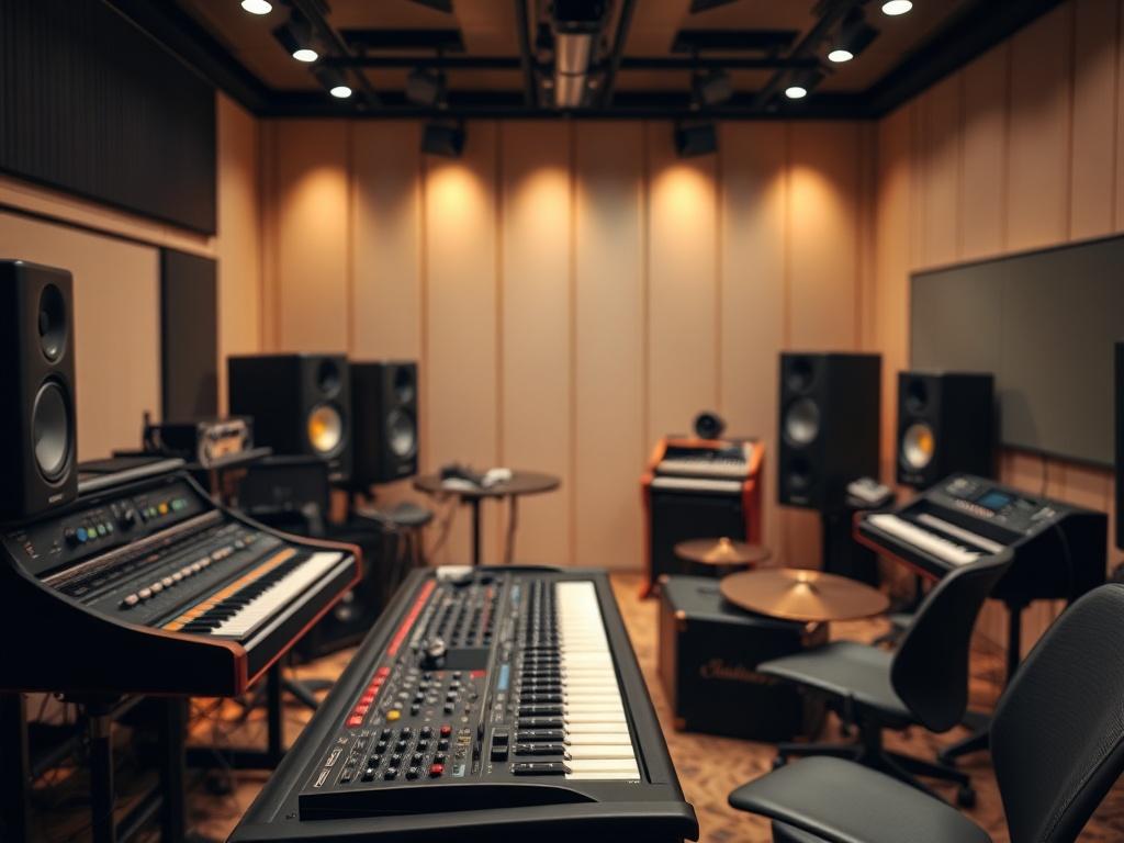 A close-up shot of a modern music studio, featuring high-end sound engineering equipment and instruments that reflect African heritage, with a sleek, minimalist design. The atmosphere should be vibrant yet inviting, showcasing a blend of traditional African elements with contemporary music production tools. The lighting should be warm, emphasizing the clarity and depth of the studio's aesthetic, with a white and raven color motif subtly incorporated into the background.