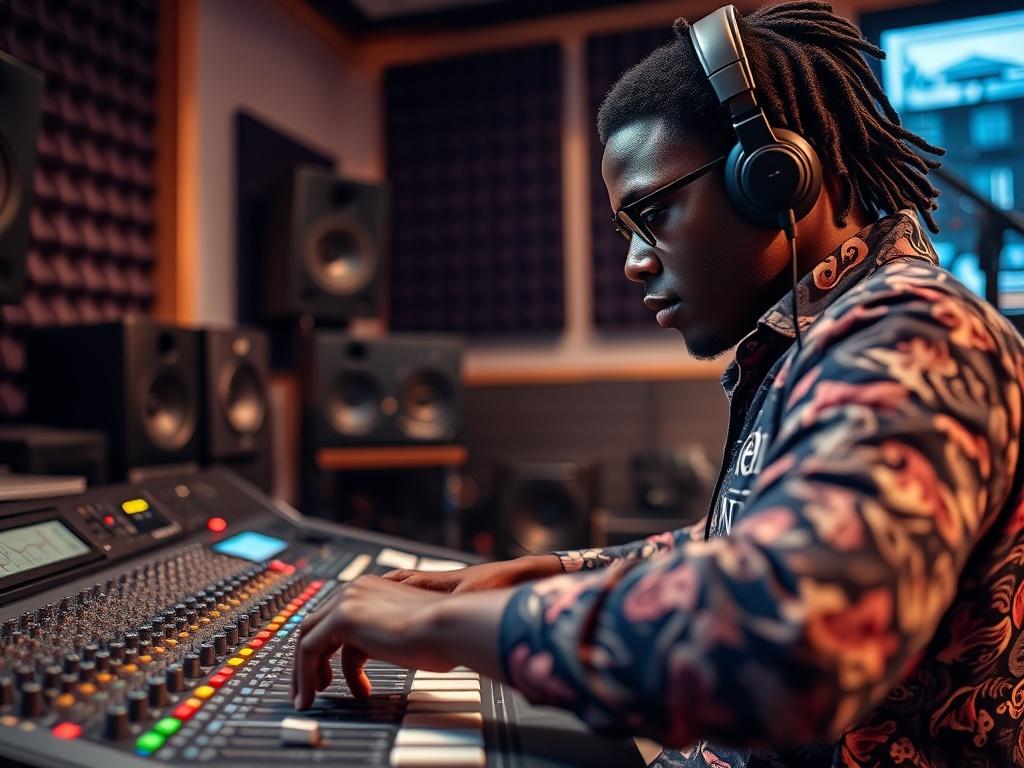 A close-up shot of a sound engineer in a modern recording studio, surrounded by music equipment, blending vibrant Afrobeat and R&B sounds. The engineer is focused, adjusting sound levels on a mixing console. The background features acoustic panels and soft lighting, creating a warm and inviting atmosphere. The image should exude creativity and professionalism, capturing the essence of a vibrant music production environment.