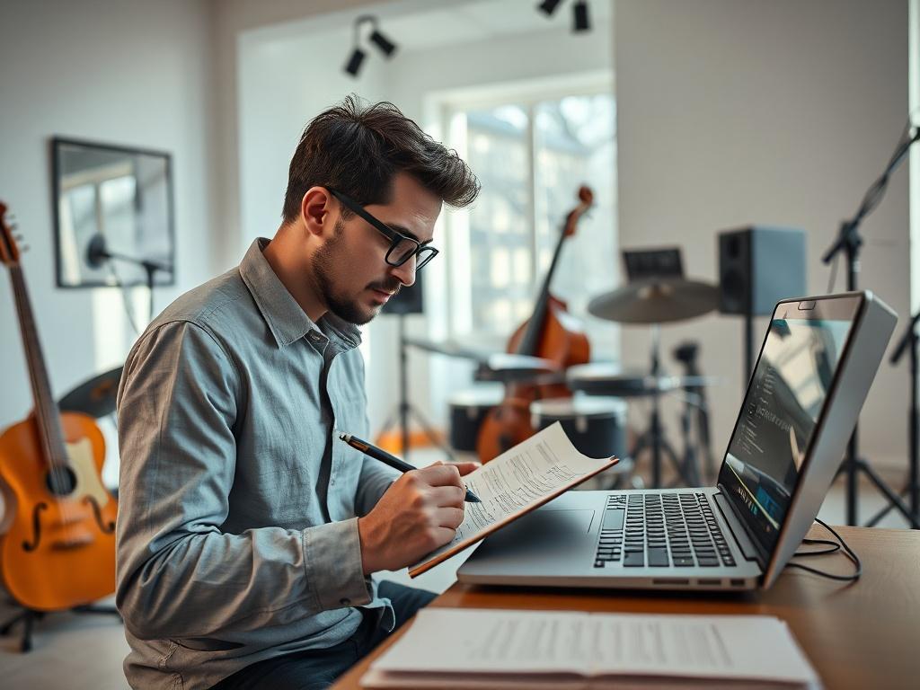 An inspiring view of a composer working on a musical score in a bright, modern studio filled with musical instruments. The composer is absorbed in writing notes on a music sheet, while a laptop displays music software. The studio has a minimalist aesthetic with a white and raven color palette, and natural light streaming in, creating a creative and focused environment.