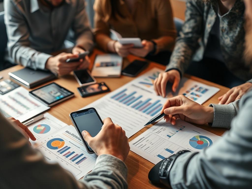 A close-up shot of a team brainstorming over an album rollout strategy, with charts and notes spread out on a table. The atmosphere is collaborative and creative, showcasing a mix of digital devices and music-related materials. The image should reflect the excitement and planning involved in launching a new album.