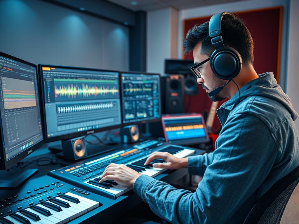 A vibrant, high-resolution image of a music arranger working with digital audio workstation software, surrounded by instruments like guitars and keyboards. The arranger is engaged in crafting dynamic arrangements, with sound waves visually represented on the screen. The studio is modern, filled with creative energy, showcasing the fusion of technology and musical artistry.