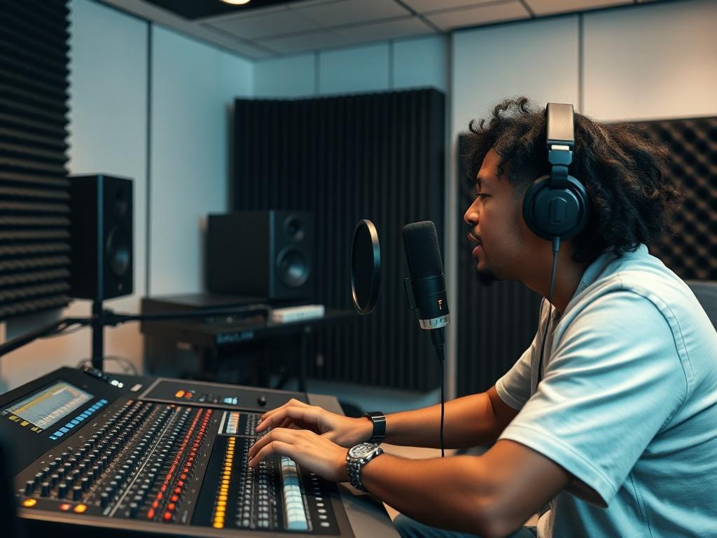 A close-up shot of a music producer working with an artist in a modern recording studio. The producer is adjusting sound levels on a mixing console, while the artist is singing into a microphone. The studio reflects a sleek design with a white and raven color scheme, surrounded by sound equipment and acoustic panels, creating an intimate yet professional atmosphere.