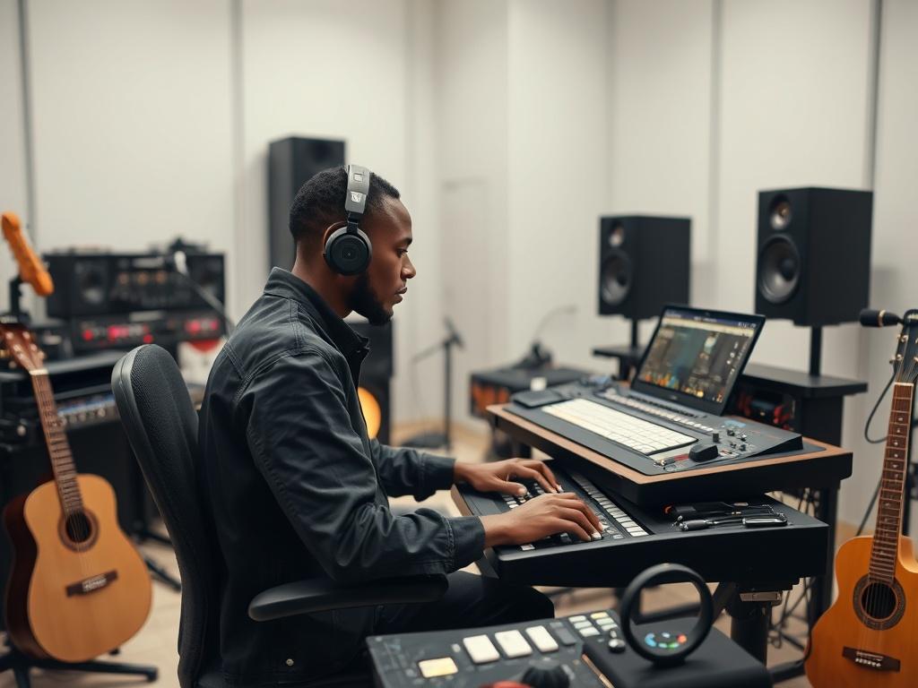 A vibrant music studio setting featuring a sound engineer working on a digital audio workstation, surrounded by African musical instruments and sound equipment. The studio has a minimalist design with a white and raven color palette, emphasizing clarity and depth. The engineer is focused and engaged, creating a warm and inviting atmosphere, with soft lighting that highlights the instruments and technology.