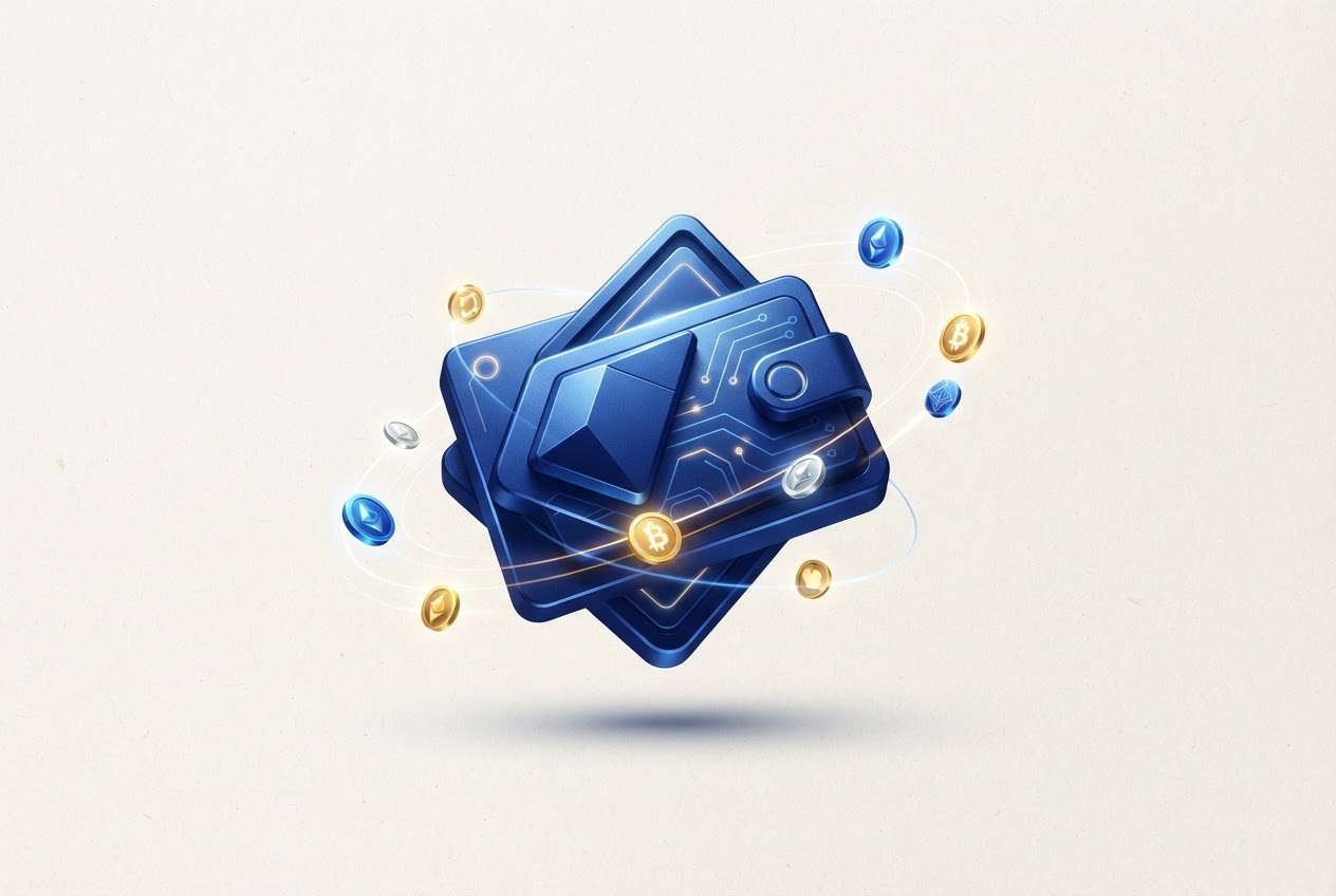 Sculptural blue wallet and orbiting tokens representing self-custody