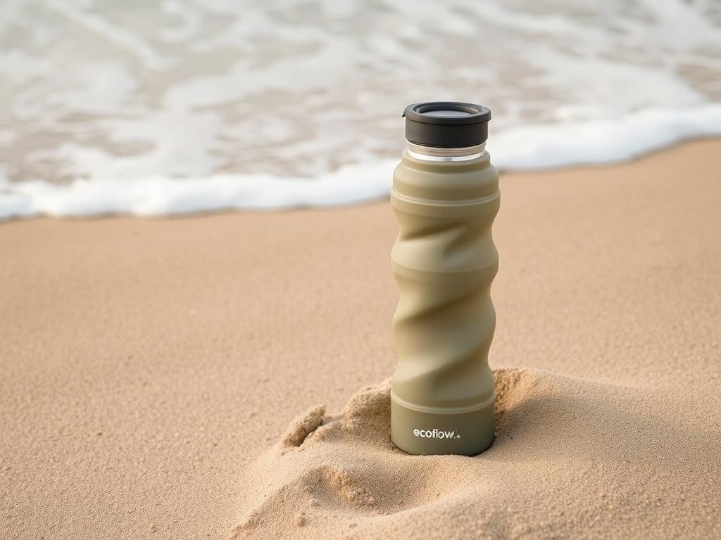 A realistic high-resolution image of the EcoFlow Fold water bottle, showcasing its collapsible silicone design. The bottle is placed on a sandy beach, with waves gently lapping in the background, illustrating its travel-friendly nature. The focus remains on the bottle, highlighting its versatility and eco-friendly attributes.