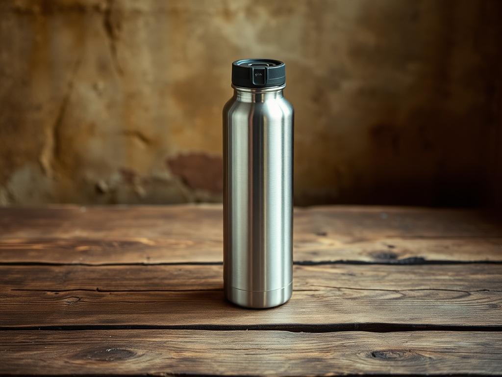 A realistic high-resolution image of the EcoFlow Classic water bottle, made from lightweight stainless steel, sitting on a rustic wooden table. The background features earthy tones and textures, conveying a natural aesthetic. The bottle should be the only subject, showcasing its sleek design and functionality.
