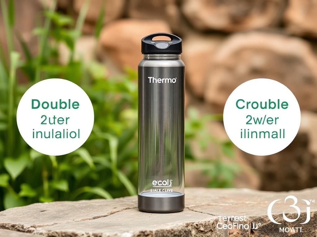 A realistic high-resolution image of the EcoFlow Thermo water bottle, showcasing its double-wall insulation. The bottle stands on a natural stone surface with greenery in the background, emphasizing its eco-friendly appeal. The focus is solely on the bottle, highlighting its stylish and functional design.