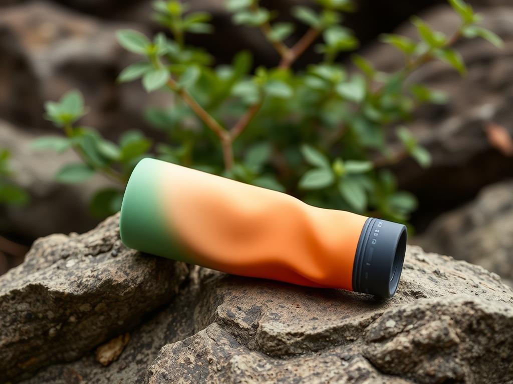 A realistic high-resolution photo of the EcoFlow Fold water bottle, featuring a collapsible silicone design. The bottle should be shown in a natural outdoor setting, perhaps resting on a rocky surface with green foliage in the background. The lighting should be soft, showcasing the bottle's vibrant colors and sleek design. Emphasize the flexibility of the bottle by displaying it both collapsed and partially expanded, highlighting its space-saving feature. The overall aesthetic should reflect earthy tones an