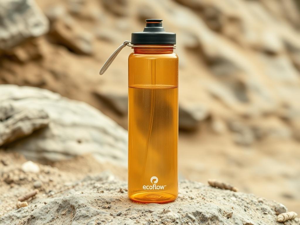 A realistic high-resolution photo of the EcoFlow Sport water bottle, made from durable BPA-free plastic. The bottle should be the main focus, showcasing its sleek design and vibrant color. The background should feature natural earthy tones and textures, creating a grounded rustic aesthetic. The composition should be simple and clear, highlighting the bottle in an outdoor setting, with soft lighting to accentuate its features.