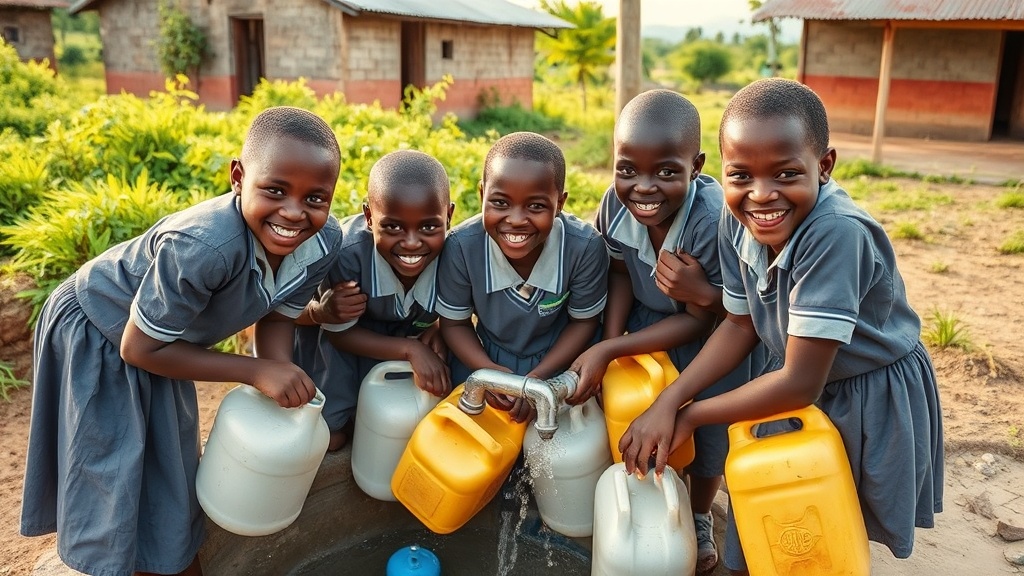 Kenyan school students collecting clean water from a community water source