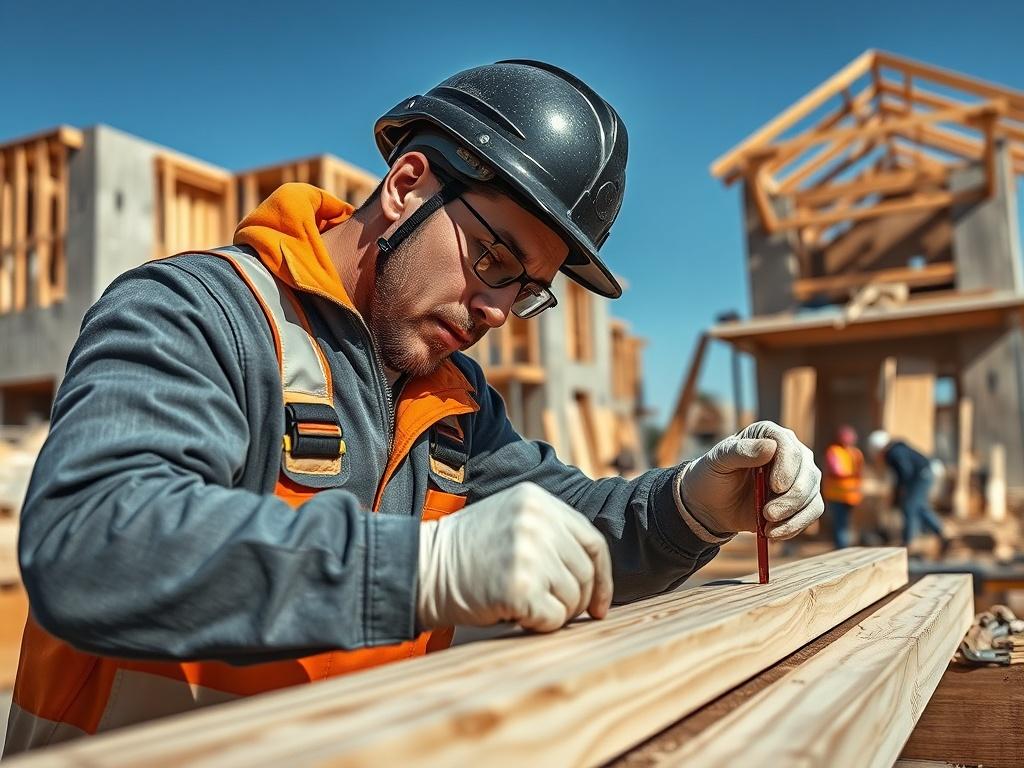 A hyper-realistic close-up shot of a skilled construction worker measuring wood with precision on a construction site, showcasing dedication and craftsmanship. The background features partially constructed buildings and tools, with a clear blue sky overhead. The color scheme harmonizes with rgb(50, 170, 39).