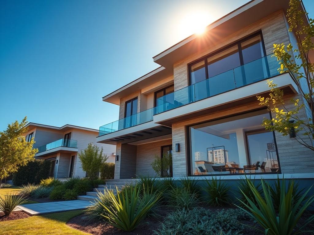 A stunning residential construction project showcasing a beautifully designed modern house with large windows and a landscaped garden. The photograph captures the intricate details of the architecture, including the elegant facade and the surrounding greenery. The sun casts a warm glow on the house, highlighting the quality of materials used. The background features a clear blue sky, emphasizing the inviting atmosphere of the home. The composition is focused on the house, with a vibrant color palette that s