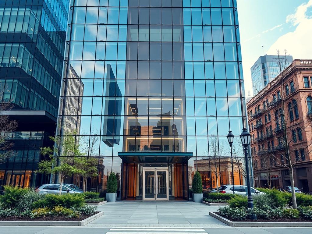 A striking commercial building designed for business use, featuring a sleek and contemporary architectural style. The image emphasizes the glass facade reflecting the surroundings, creating a dynamic visual effect. The entrance is framed by well-maintained landscaping, inviting visitors into the space. The composition captures the scale of the building, showcasing its height and modern design elements. The setting includes urban surroundings with a clear sky, enhancing the professional appeal of the commerc