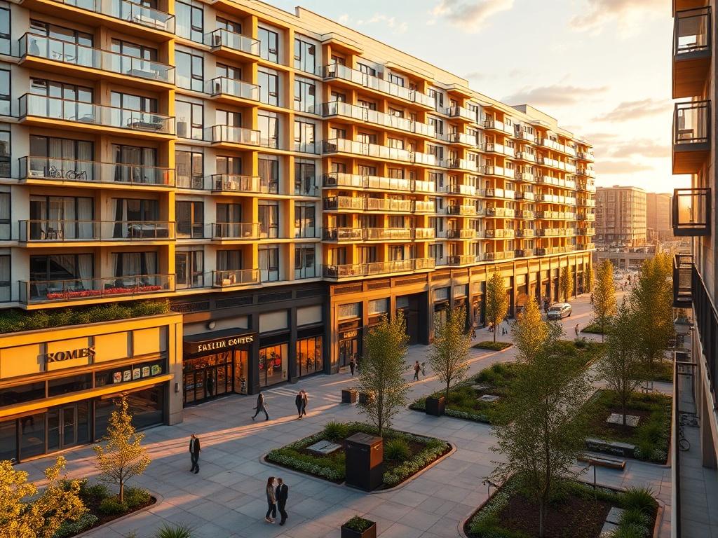 An impressive mixed-use development featuring both residential and commercial spaces. The image captures the architectural brilliance of the structure, showcasing balconies and storefronts that create a lively atmosphere. The surrounding area includes pedestrian pathways and green spaces, promoting community interaction. The photograph is taken during golden hour, adding a warm glow to the building and its surroundings. The composition highlights the balance between residential comfort and commercial vibran