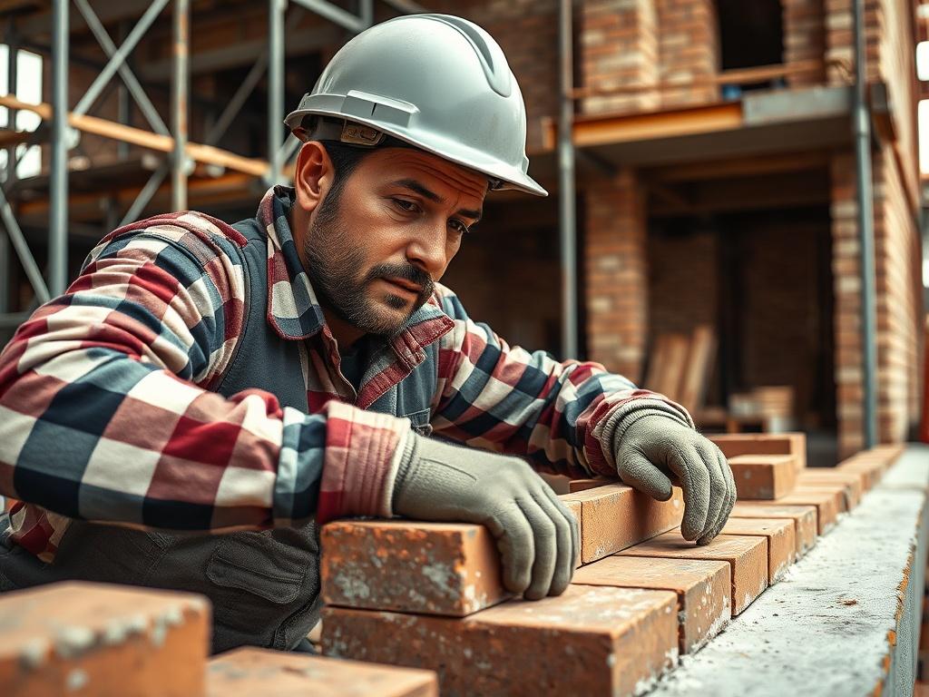 A hyper-realistic close-up shot of a construction worker diligently laying bricks on a construction site. The background should feature scaffolding and partially built walls, showcasing the process of construction. The image should have a warm, inviting tone with natural lighting that highlights the worker's focused expression and the texture of the bricks.