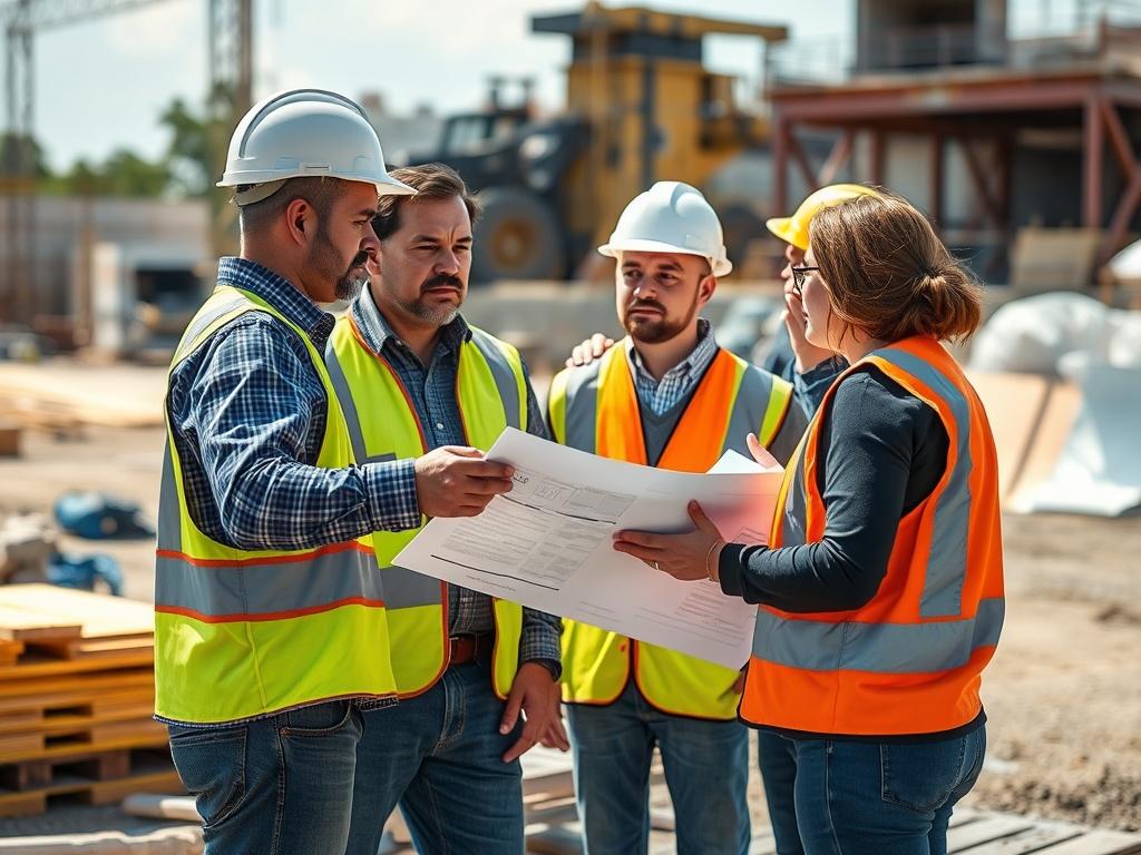 A project manager discussing plans with a team on site,