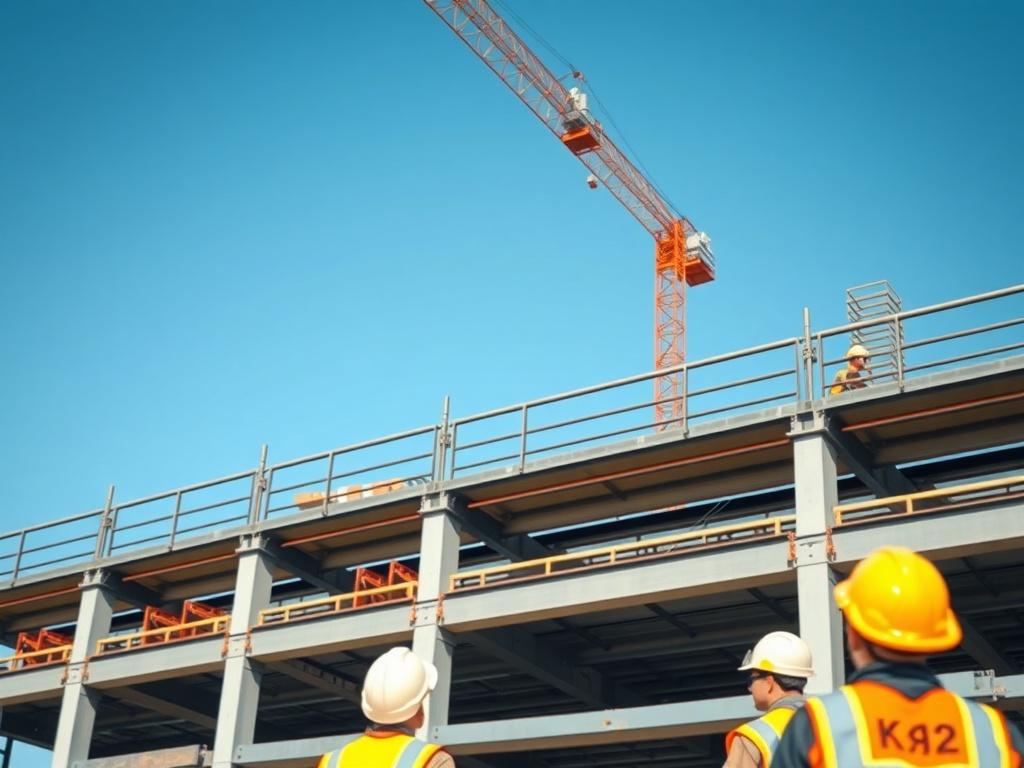 A modern commercial building under construction, showcasing steel beams and