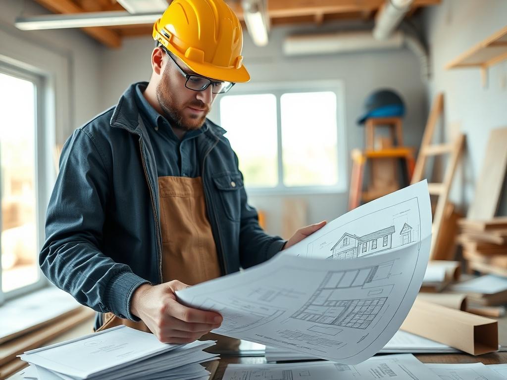 A skilled contractor reviewing blueprints for a residential project, surrounded