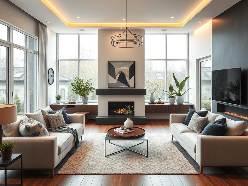 A beautifully renovated living room in a residential home, showcasing
