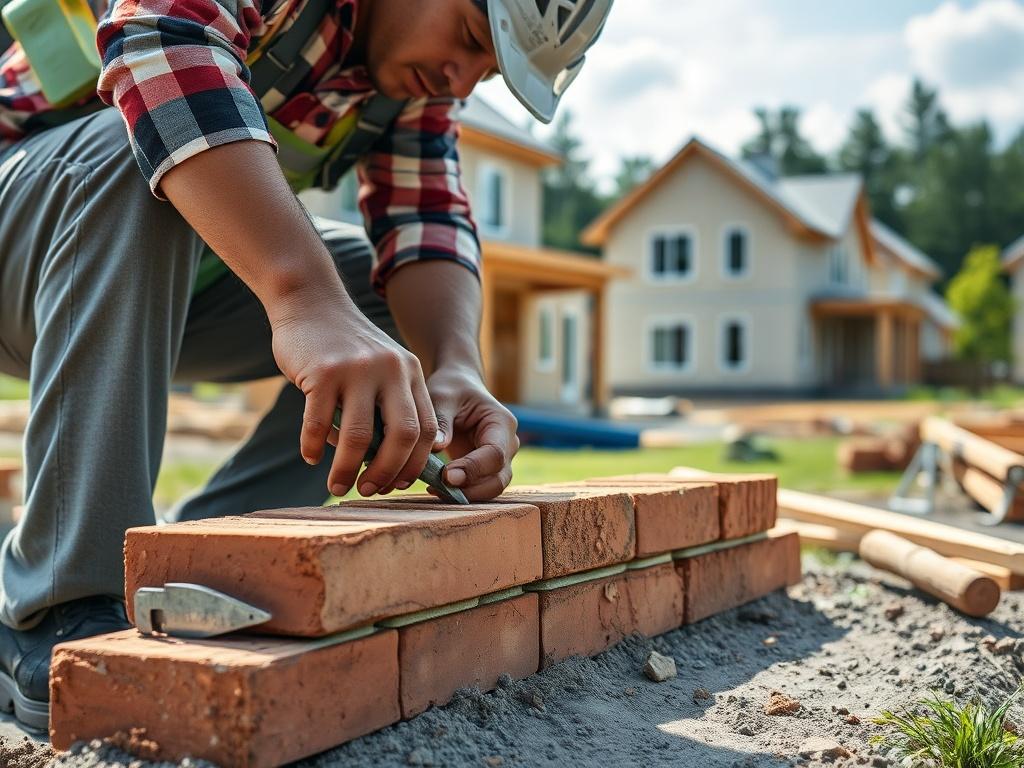 A close up shot of a construction worker laying bricks