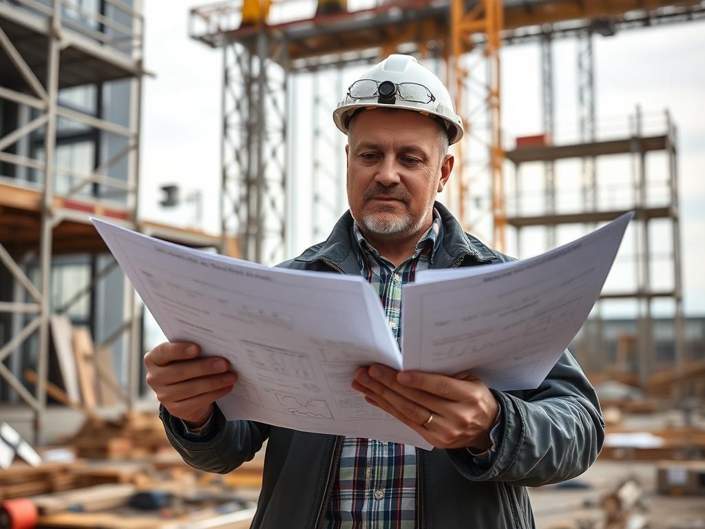 A focused shot of an architect reviewing blueprints on site