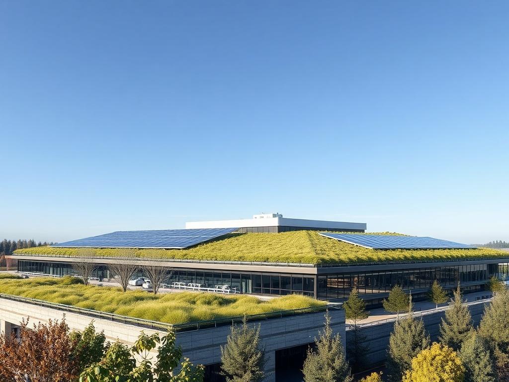 A newly constructed commercial facility showcasing sustainable architecture, with green
