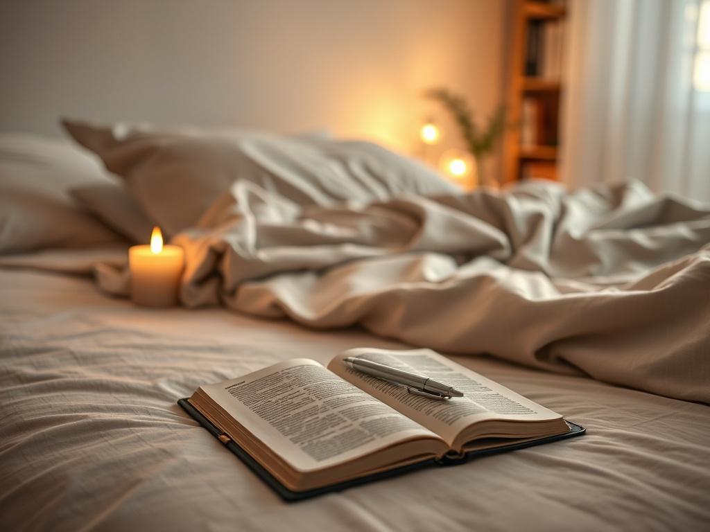 Create a realistic high-resolution photo that embodies the soothing essence of ASMR as a remedy for insomnia, stress relief, and emotional regulation. The composition should be simple and clear, focusing solely on a serene, tranquil setting. 

**Subject Matter**: Feature a cozy bedroom at dusk, with a plush bed adorned with soft, neutral-toned bedding. On the nightstand, place a gently flickering candle casting a warm, inviting glow. Include an open notebook with a pen resting on it, symbolizing personal jo